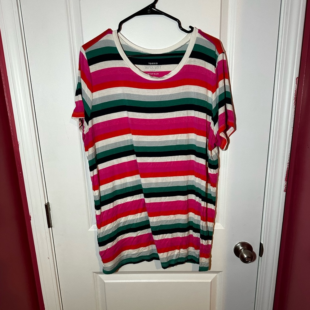 Pink, Orange, Teal, Blue, and White Torrid Striped Short Sleeve T Shirt